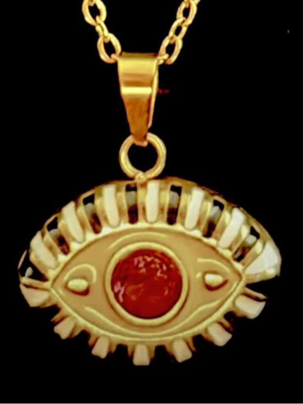 Ramla Yellow Evil Eye Necklace with Red/Pink stone - 14K Gold-Plated New - Picture 2 of 3